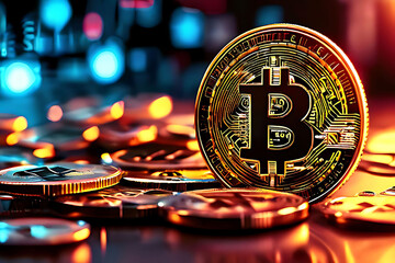 Gold Bitcoin crypto currency on background of chart diagram