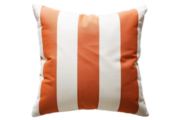 decorative pillow with orange and white cabana stripes on transparent background.