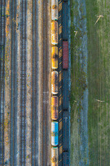 Railway tanks, vertical photo view from a drone.