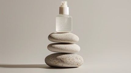 A bottle of skincare product on the top of large stones stacked together.