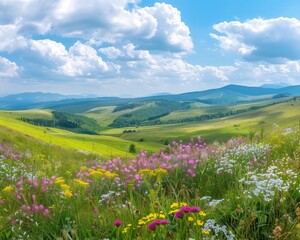 Fototapeta premium Sunny day idyllic mountain landscape, wildflowers, green meadows, panoramic spring summer scenery