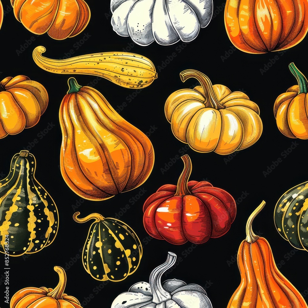 Poster A black and white drawing of various types of pumpkins and squash. The drawing is of a pattern of pumpkins and squash, with some of them being larger than others. The drawing has a vintage feel to it