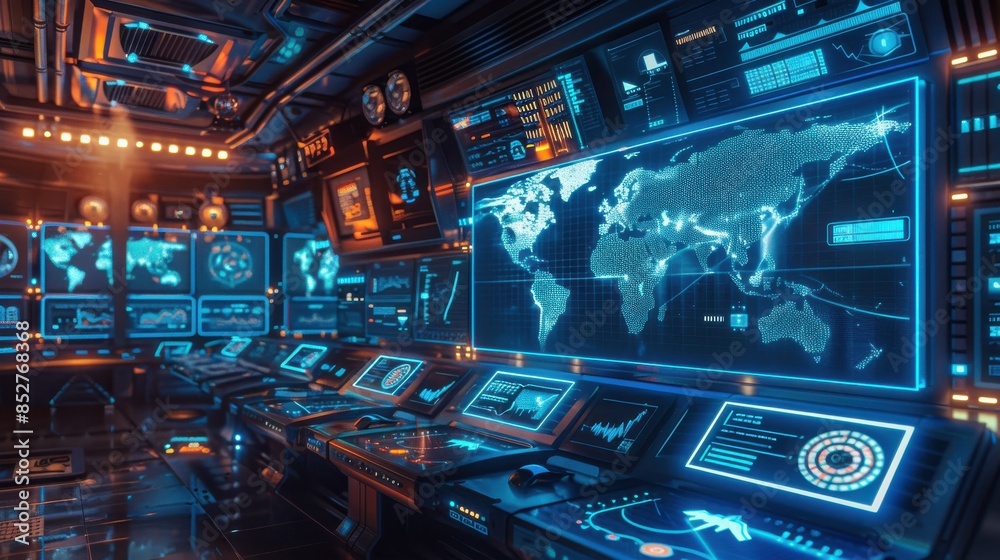 Poster A computer room with a large monitor displaying a map of the world. The room is filled with computer monitors and the atmosphere is futuristic and high-tech