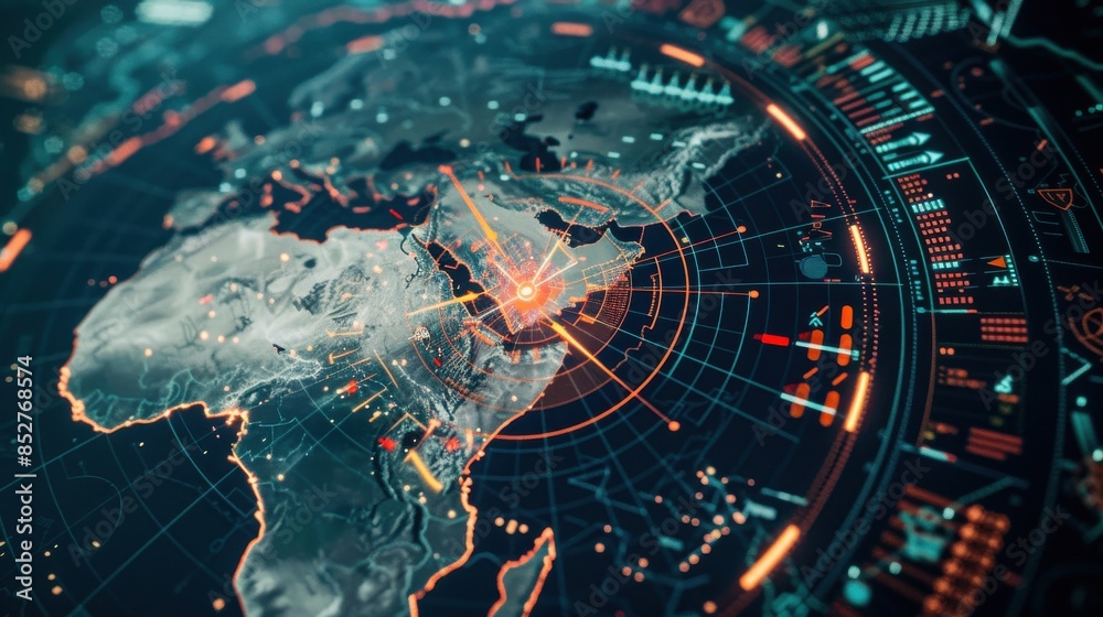 Poster a computer screen shows a map of the world with a red dot in the middle. the map is surrounded by a 