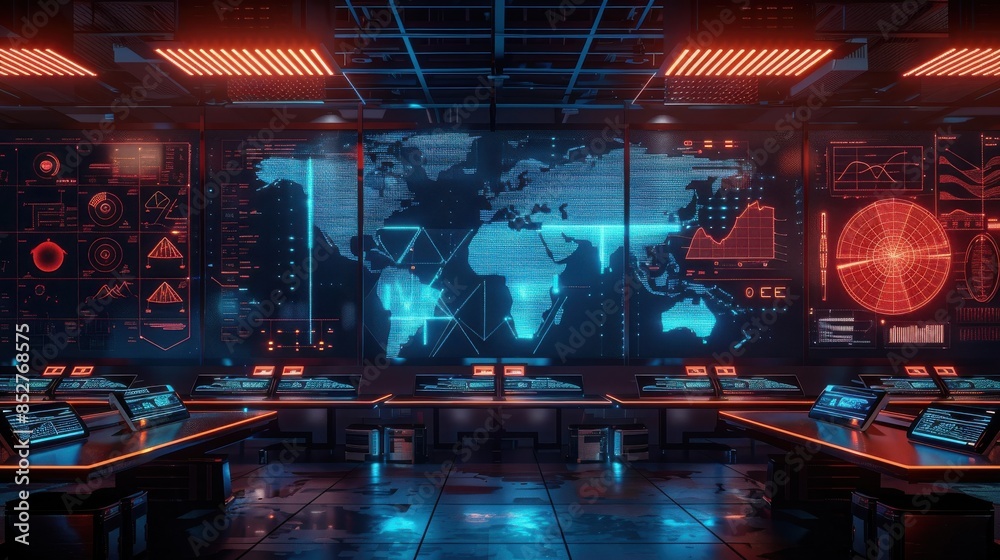 Poster a computer room with a large screen showing a map of the world. the room is filled with computer mon