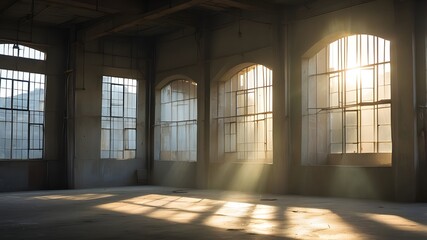 ethereal sunlight streaming through a window in the interior of a run-down industrial