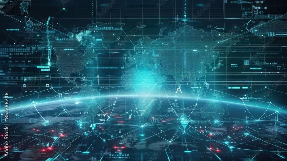 Poster a computer screen shows a map of the world with many lines and dots. concept of interconnectedness a