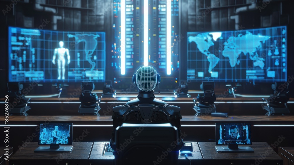 Poster a robot is sitting in front of a computer monitor with a map of the world on the screen