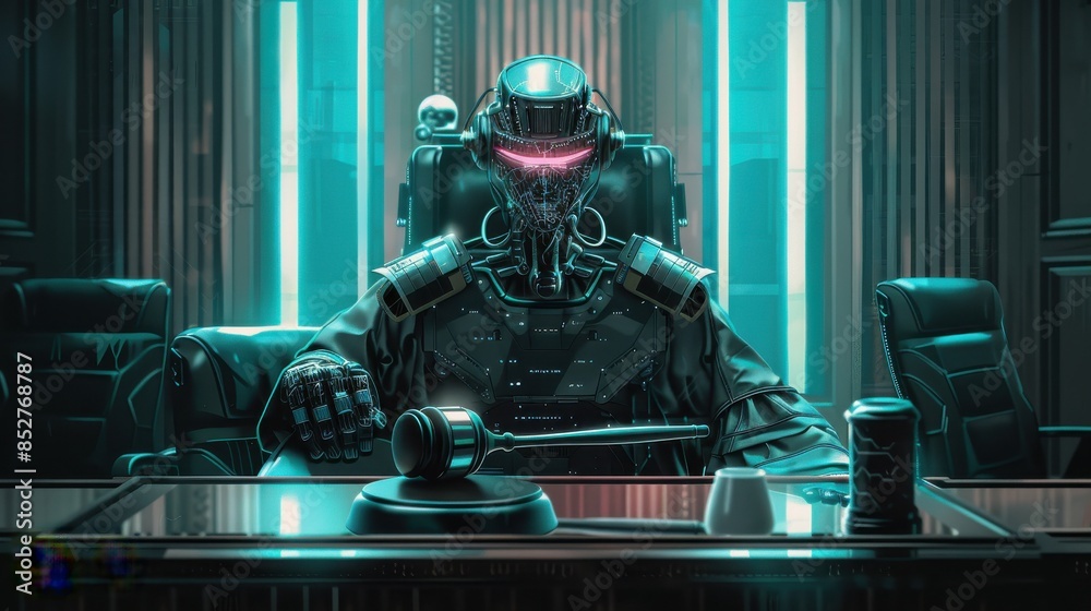 Poster A robot is sitting in a chair in front of a judge. The robot is wearing a black suit and has a red light on its head. The scene is set in a futuristic courtroom