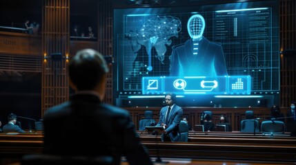 A man is sitting in front of a computer screen that shows a man's face. The man is wearing a suit and tie