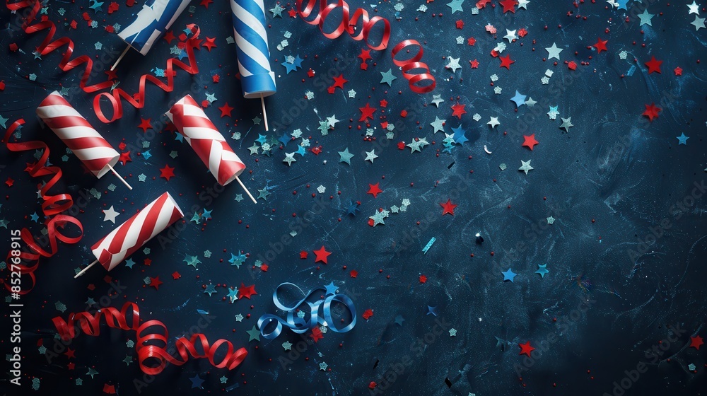 Aufkleber a close-up image of several red, white, and blue firecrackers and red and blue confetti scattered on