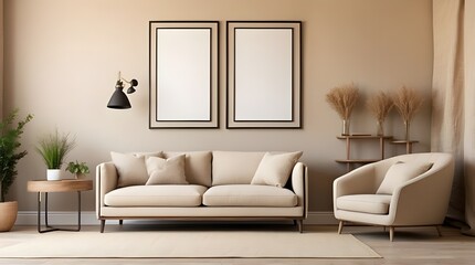 Sofa and armchair next to framed beige wall. Modern living room interior design with a farmhouse feel.