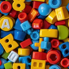 This is a close-up photo of a pile of colorful plastic toys. The toys are made of bright red, yellow, blue, and green plastic and include letters, numbers, and shapes. The toys are arranged randomly a