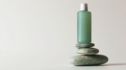 A bottle of skincare product on the top of large stones stacked together.