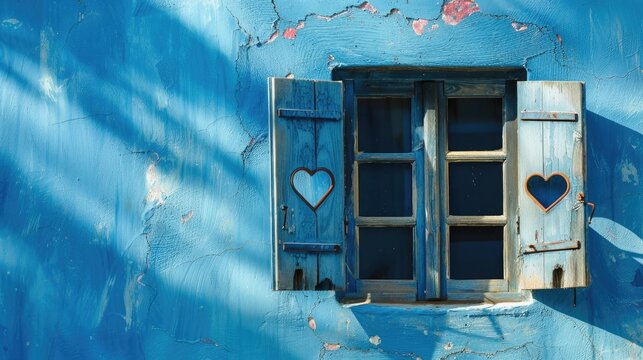 Vintage blue window with heart adorned shutters on a blue backdrop