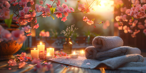 Rolled towels with candles, aroma oil, stones and flowers in a relaxing spa setting. Wellness and...
