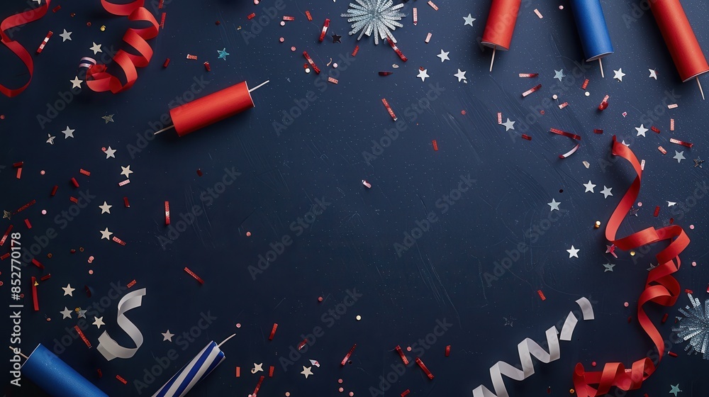Poster a top-down view of a dark blue background with red, white, and blue confetti and party streamers sca