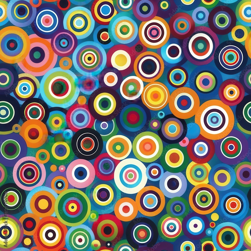 Poster This image features a repeating pattern of colorful circles of varying sizes. The circles are arranged in a seemingly random order, with some overlapping. The background color is a dark blue, providin