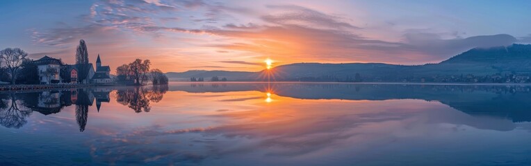 Fototapeta premium A picturesque sunrise illuminates a calm lake, reflecting a small village and surrounding trees. The soft light casts a warm glow over the water and sky, creating a peaceful and serene atmosphere.