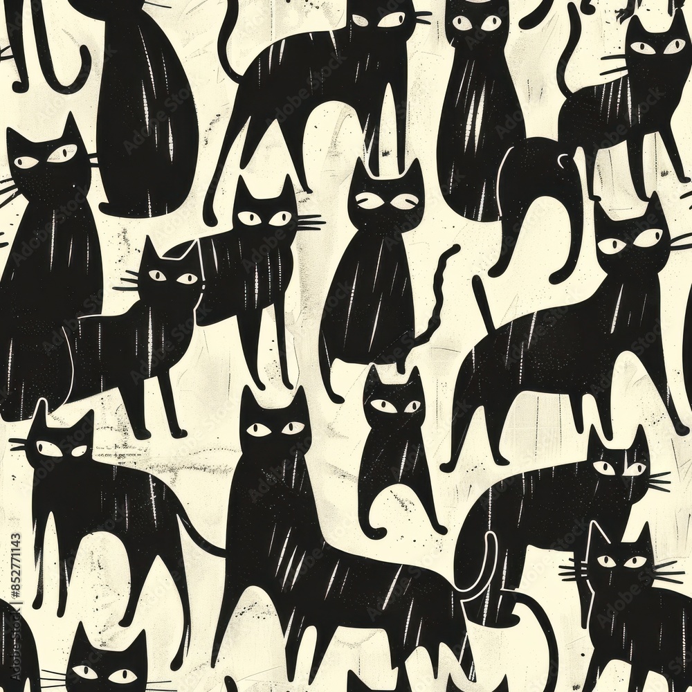 Poster A digital illustration of a repeating pattern featuring black cat silhouettes on an off-white background. The cats are stylized with simple, blocky shapes and have varying poses, creating a dynamic an