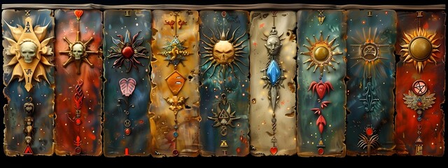 Fototapeta premium Decorative Gypsy Card Cloth with Vibrant Astrological and Mystical Symbols