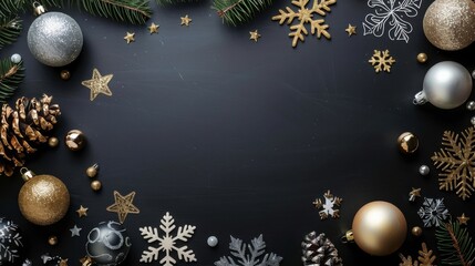 A flat lay image featuring a variety of gold and silver Christmas ornaments, including baubles, snowflakes, pine cones, and stars, arranged around the edge of a black surface. This festive image is pe