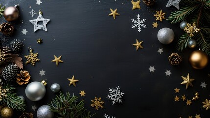 Fototapeta premium A flat lay photograph featuring a dark black background with a variety of festive Christmas decorations, including pine branches, pine cones, ornaments, snowflakes, and stars. The decorations are arra