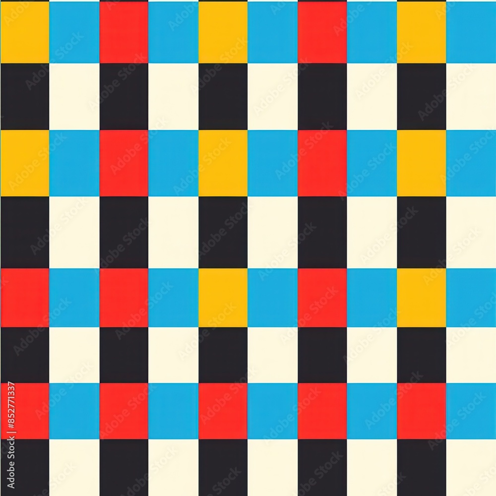 Poster A colorful checkerboard pattern with alternating squares of red, yellow, black, and blue. The squares are evenly spaced and create a repeating pattern. The background is a pale cream color.