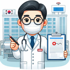 korea doctor cartoon flat illustration, on hospital background, with medical information sign in hands, online record, doctor in mask and glasses