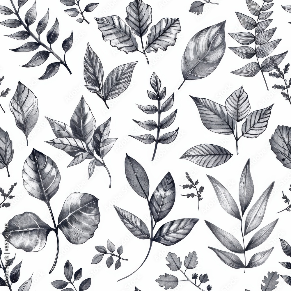 Poster A seamless pattern featuring hand-drawn black and white watercolor leaves in various shapes and sizes. The leaves are arranged in a repeating pattern on a white background. This design is perfect for 
