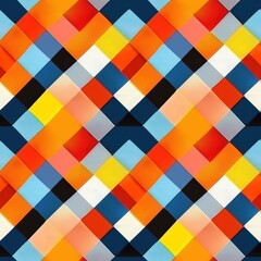 This image features a colorful, abstract geometric pattern with diagonal lines. The pattern is made up of various colors, including red, orange, yellow, blue, white, and black. The squares are arrange