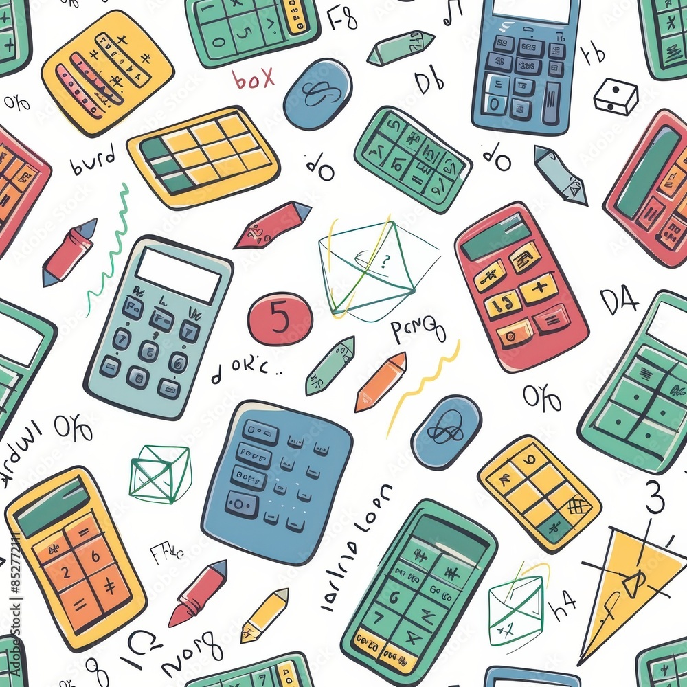 Aufkleber This image features a seamless pattern of colorful, hand-drawn calculators and geometric shapes. The calculators come in various styles, some with buttons and displays, while others have abstract symb