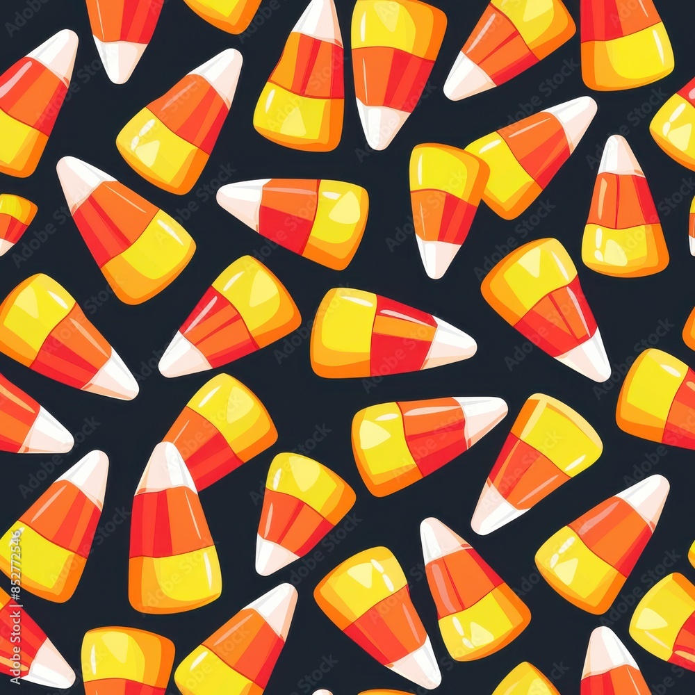 Poster A seamless pattern featuring an array of colorful candy corn arranged against a black background. The candy corn are depicted in a variety of positions, creating a visually appealing and festive desig