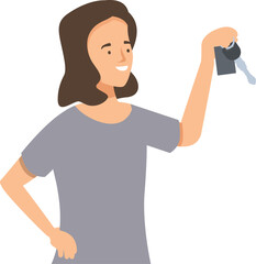 Young woman is holding up new car keys and smiling