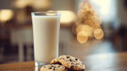 In the soft blur of the background lies a nostalgic scene of a tall glass of milk and freshly baked chocolate chip cookies symbolizing the essence of World Milk Day World Cookies Day and Cho - Powered by Adobe