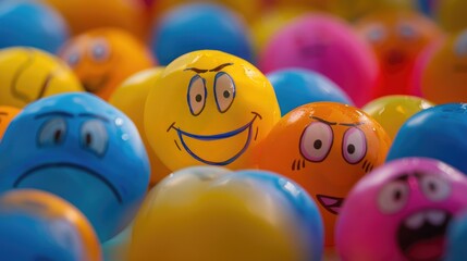 In the backdrop of colorful emotions there are self drawn balls representing feelings The cheerful smiley faces inhabit balls of yellow orange and pink while the blue ball embodies sadness 