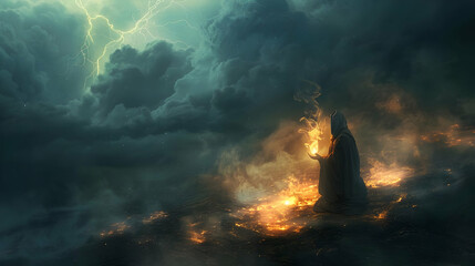 A dark magic ritual under a stormy sky