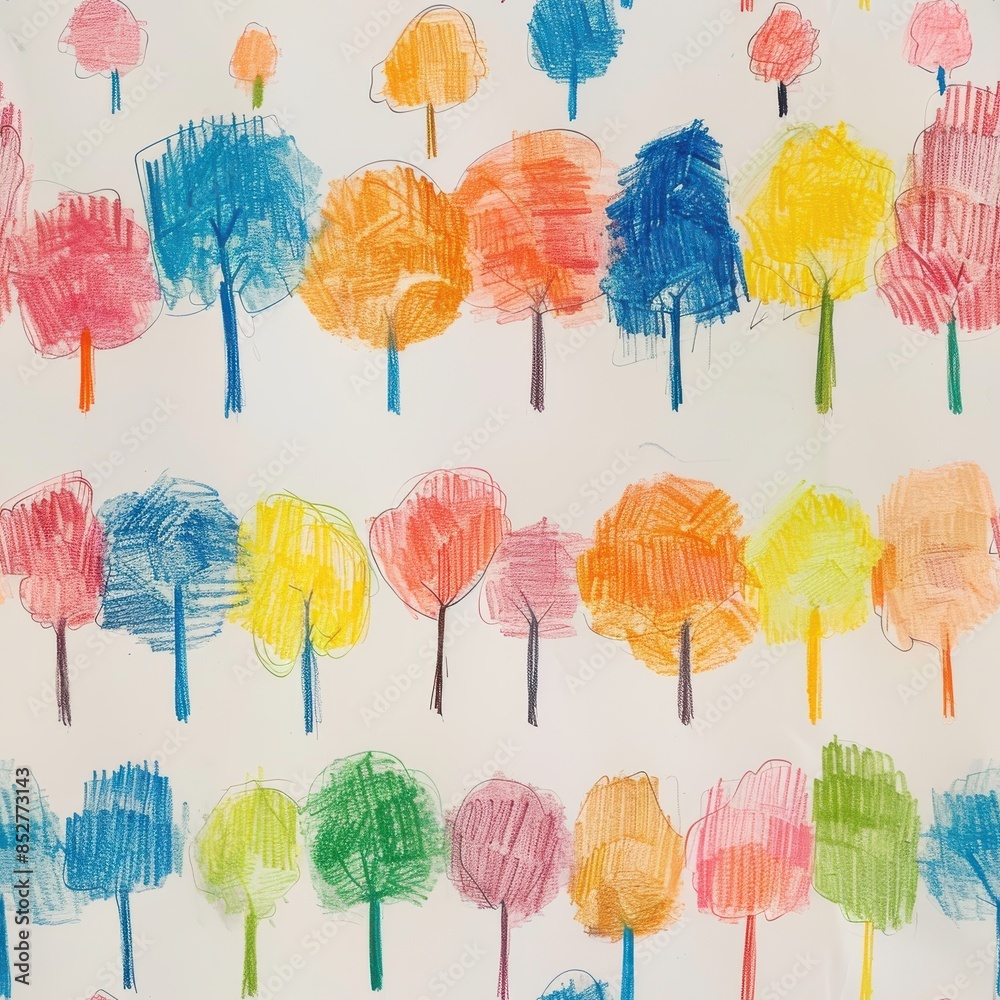Poster this is a drawing of a forest of trees created with colored pencils on white paper. the trees are al