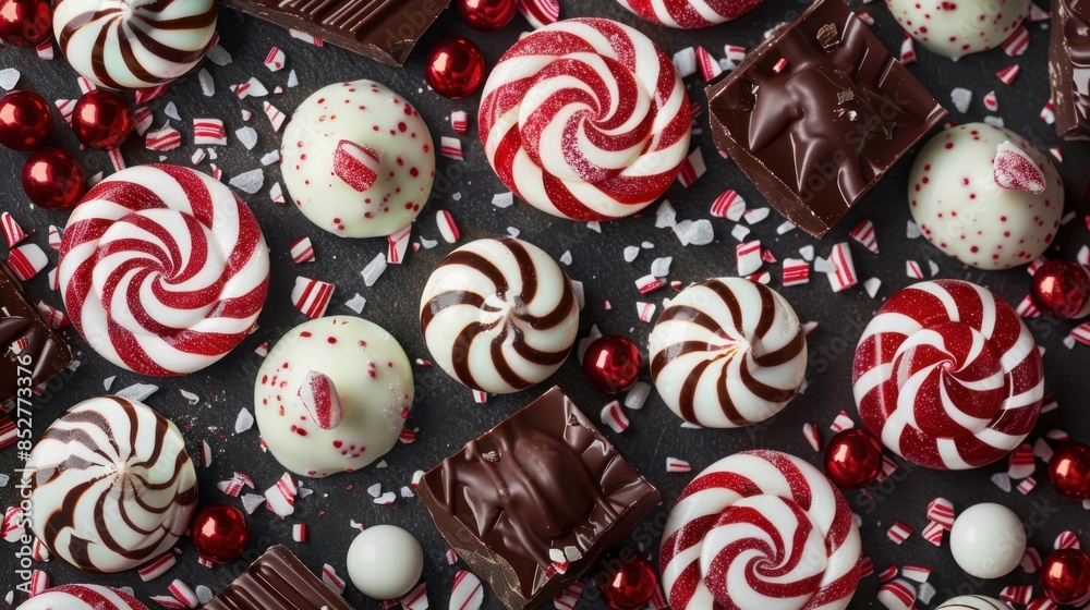 Poster a close-up view of an assortment of peppermint swirl candies and chocolate pieces arranged on a blac