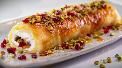 Delicious Lemon Roll with Lemon Curd, Dried Fruit, Pistachio Nuts, and Cream Cheese Frosting on Plate