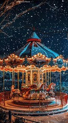 A brightly lit carousel with painted horses spins under a blanket of falling snow, casting a magical glow on the winter night. The scene is filled with the warmth and enchantment of the holiday season