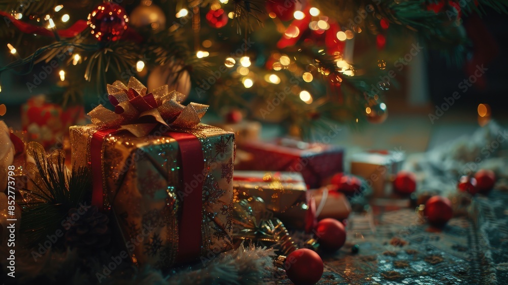 Poster a close-up view of christmas presents wrapped in festive paper and tied with bows, lying under a chr