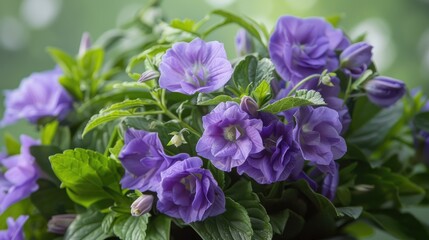 Bouquet of purple flowers with green leaves