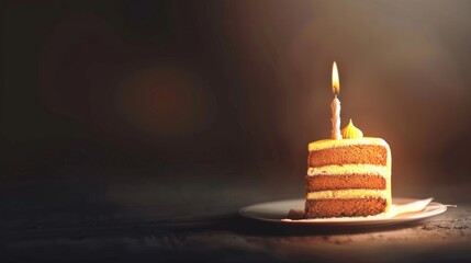 Horizontal banner. International Cake Day. A pies of cake with cream and a candle on a dark background. Free space for text. For invitations, labels, cards