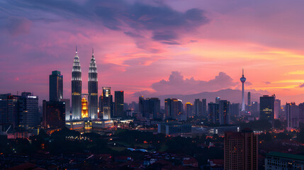 Obraz premium The impressive skyline of Kuala Lumpur at twilight featuring the iconic Petronas Twin Towers.