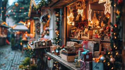 A bustling Christmas market stall showcasing an array of colorful gifts and festive decorations. The wooden stall is adorned with twinkling lights and garlands, creating a warm and inviting atmosphere