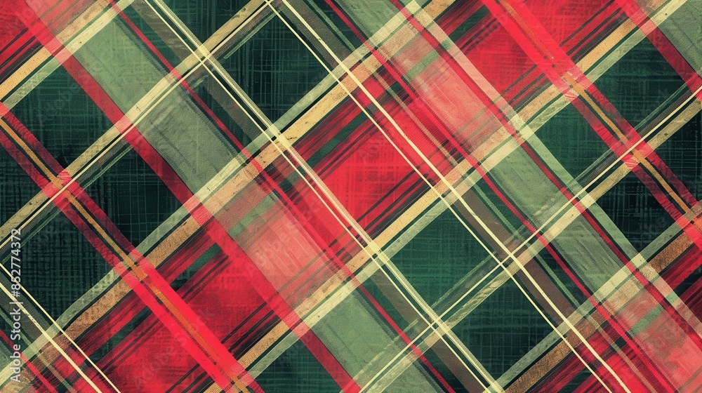 Aufkleber This image features a digital abstract pattern of a diagonal plaid. The pattern includes various shades of red, green, and yellow, creating a visually interesting and vibrant design. The background is