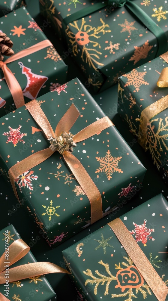 Poster a close-up image of several christmas gifts wrapped in dark green paper with a white snowflake and s