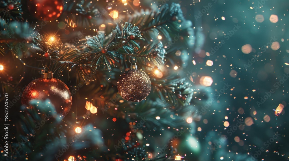 Aufkleber A close-up photograph of a Christmas tree branch adorned with ornaments and twinkling lights, captured on a snowy night. The image features a deep teal background with a soft snowfall, creating a magi
