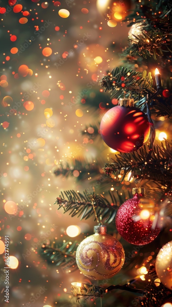 Poster a close-up image of a christmas tree decorated with colorful ornaments and twinkling lights. the orn